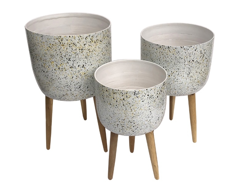 Premium Speckled Bamboo Planters with Removable Wooden Feet - Set of 3